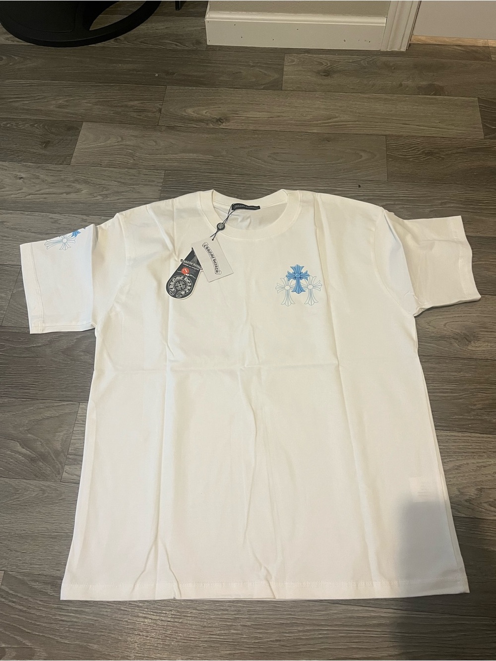 Comme des Garcons White Tee with Light Blue Cross Motif